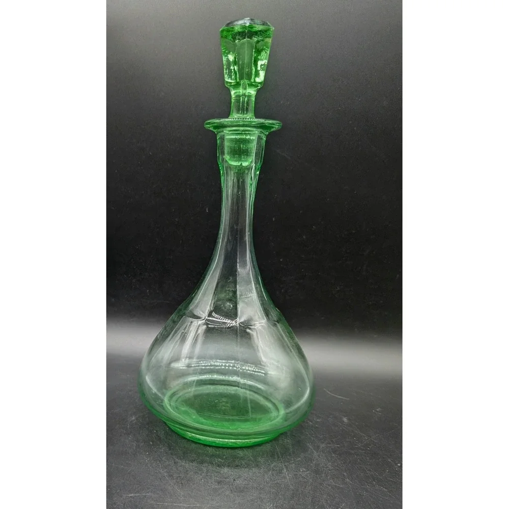 Vintage Green Glass Decanter Bell Shape Panel Optic Ribbed with Stopper MCM